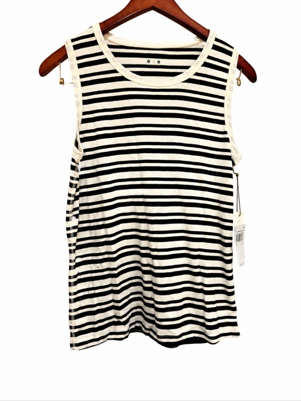 Three Dots Black & Cream Striped Crew Neck Tank Top Size L NWT - Picture 4 of 7